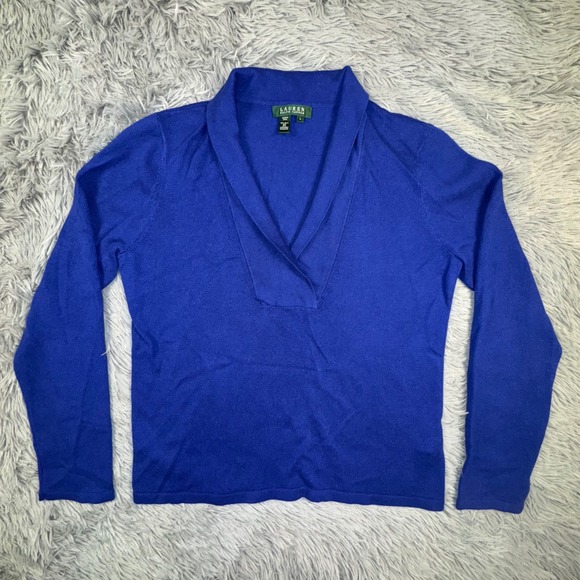 Ralph Lauren LRL Womens Large Royal Blue Cashmere Silk Shawl Collar Knit Sweater - Picture 4 of 10